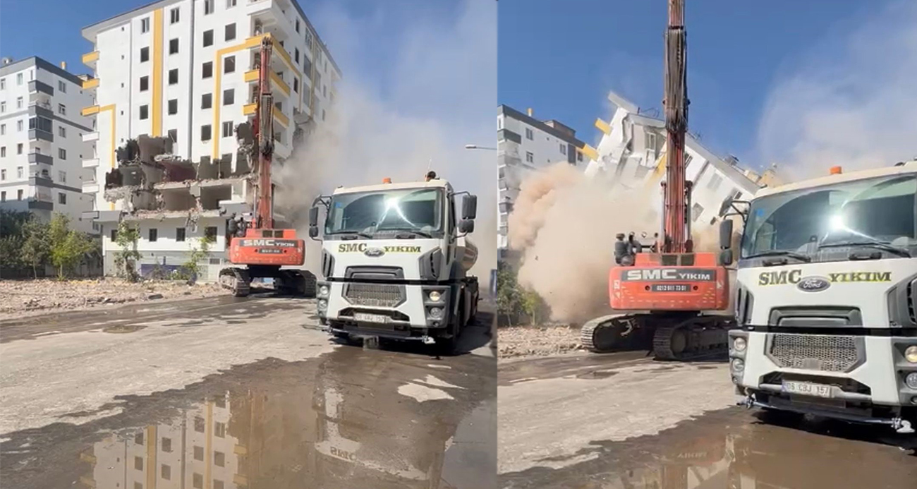 Diyarbakır da ağır hasarlı bina yıkım sırasında böyle çöktü